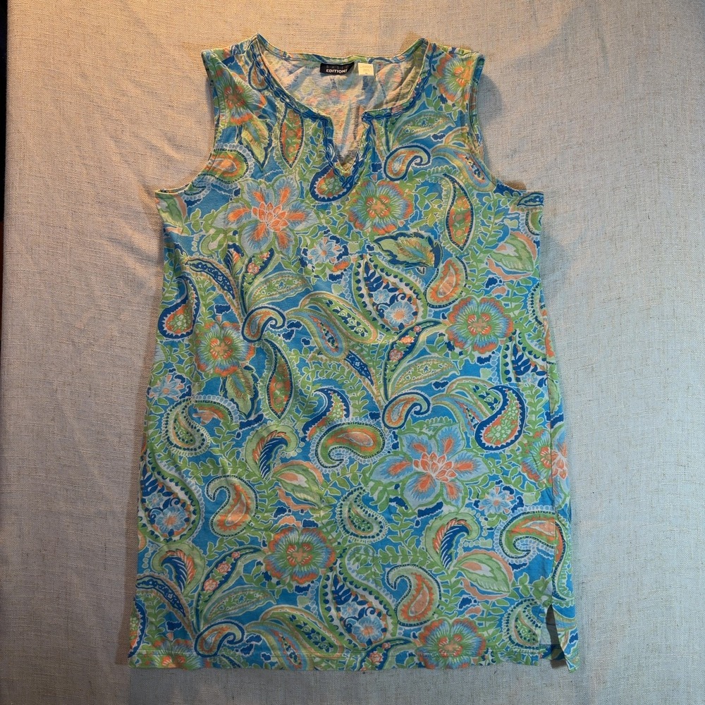 Basic Editions Sleeveless Tank Top Paisley Floral Blue Women's Size XL